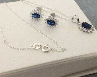 925 Sterling Silver Sapphire Blue Cluster Necklace & Earrings Set Gift Boxed Womens Stunning