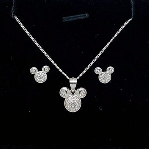 925 Sterling Silver Mickey Mouse Necklace & Earrings Set Gift Boxed Solid Silver