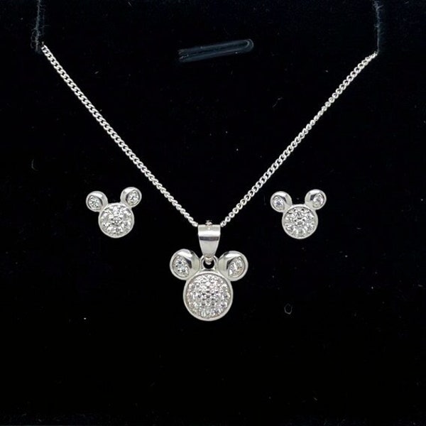 925 Sterling Silber Micky Maus Halskette und Ohrringe Set in Geschenkbox aus massivem Silber