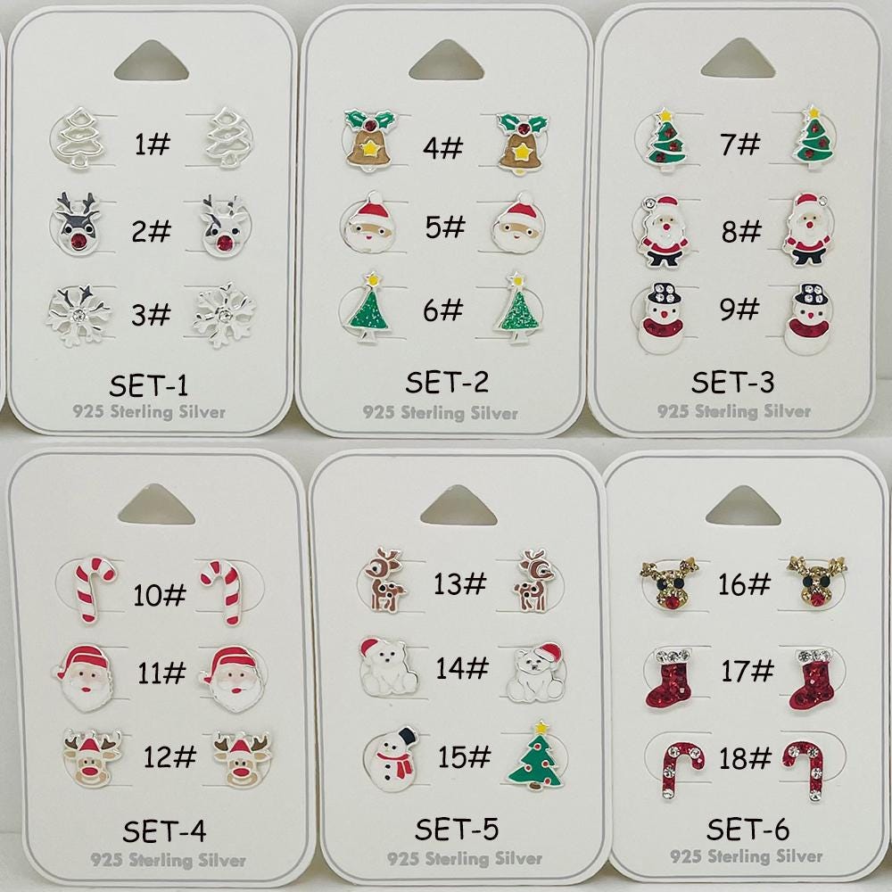 925 Sterling Silver Chirstmas Earrings Studs One Pair or Set of Three Gift Women Kids Girls