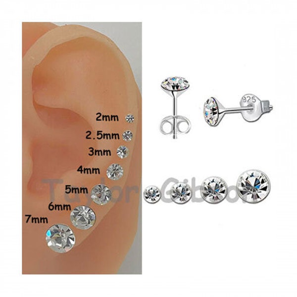 925 Sterling Silver Round Crystal Clear Earrings Studs Tiny Small Medium Large