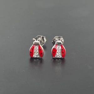 Könnte beinhalten: Ein Paar silberne Ohrstecker in Form eines Marienkäfers mit roter Emaille und klaren Kristall-Akzenten.