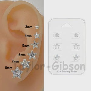 925 Sterling Silver Star Clear Earrings Studs Tiny Small Large - Set of Three