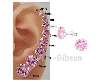 925 Sterling Silver Pink Earrings Studs Round  One Pair Fast Shipping