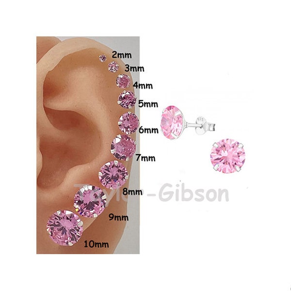 925 Sterling Silver Pink Earrings Studs Round  One Pair Fast Shipping