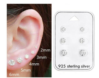 925 Sterling Silver Round Clear Earrings Studs Set of Three Pairs Fast Shipping Gift