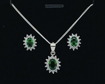 925 Sterling Silver Emerald Green Cluster Necklace & Earring Set May Birthstone Fast Shipping Gift Boxed