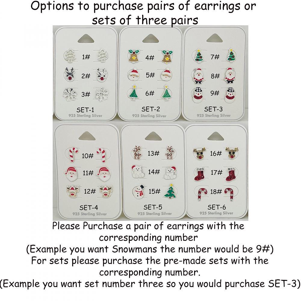 925 Sterling Silver Chirstmas Earrings Studs One Pair or Set of Three Gift Women Kids Girls