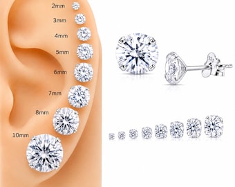 Cubic Zirconia Stud Earrings 925 Sterling Silver | Diamond Look Studs 2mm–10mm | Minimalist Everyday Earring