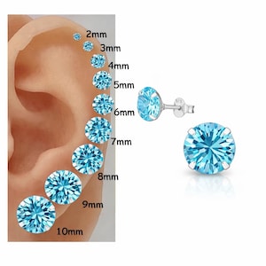 Boucles d'oreilles puces en argent sterling et zircon cubique aigue-marine | Boucles d'oreilles en zircon cubique taille diamant | Puces minimalistes | 2 mm – 10 mm | Cadeau pour elle
