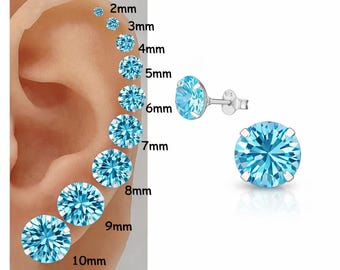Aqua Cubic Zirconia Stud Earrings Sterling Silver | Diamond Cut CZ Earrings | Minimalist Studs | 2mm–10mm | Gift for Her