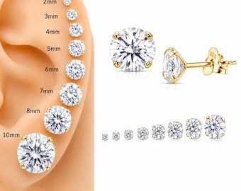 Pendientes de botón de oro vermeil, pendientes de botón de plata de ley 925 con circonitas cúbicas transparentes, pendientes con aspecto de diamante, 2 mm 3 mm 4 mm 5 mm 6 mm 7 mm 8 mm 10 mm