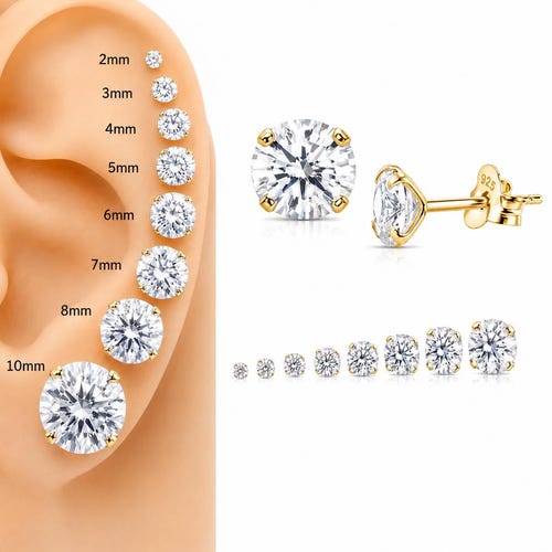 Gold Vermeil Stud Earrings, 925 Sterling Silver Clear CZ Studs, Diamond Look Earrings, 2mm 3mm 4mm 5mm 6mm 7mm 8mm 10mm