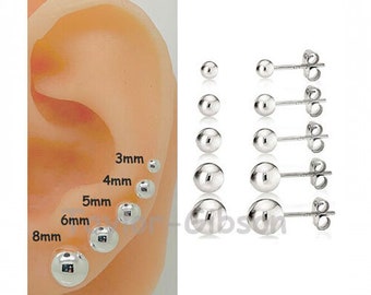 925 Sterling Silver Earrings Studs Ball Tiny Small Large - 1 Pair OR 3 Pair Set Solid Silver Cute