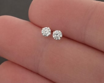 925 Sterling Silver Round Earrings Studs Clear Tiny Small One Pair
