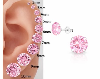 925 Sterling Silver Pink Earrings Studs Round  One Pair Fast Shipping