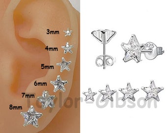 925 Sterling Silver Star Clear Earrings Studs Tiny Small Large - One Pair