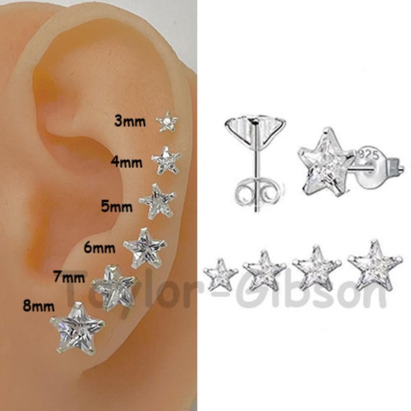 925 Sterling Silver Star Clear Earrings Studs Tiny Small Large - One Pair