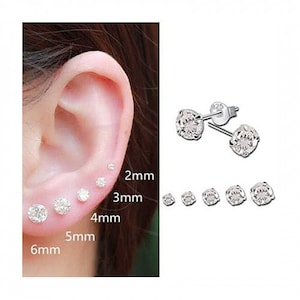 925 Sterling Silver Round Earrings Studs Clear Tiny Small One Pair