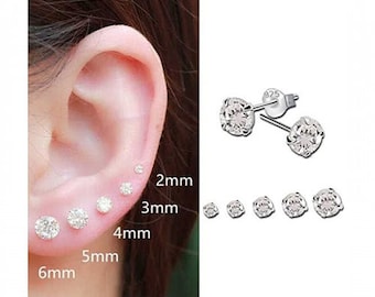 925 Sterling Silver Round Earrings Studs Clear Tiny Small One Pair