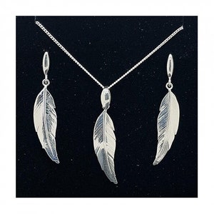 925 Sterling Silver Feather Necklace & Earrings Set Gift Boxed Solid Silver