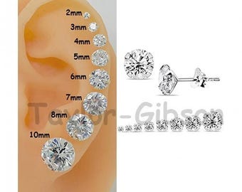 925 Sterling Silver Round Clear Earrings Studs Tiny Small Large One Pair