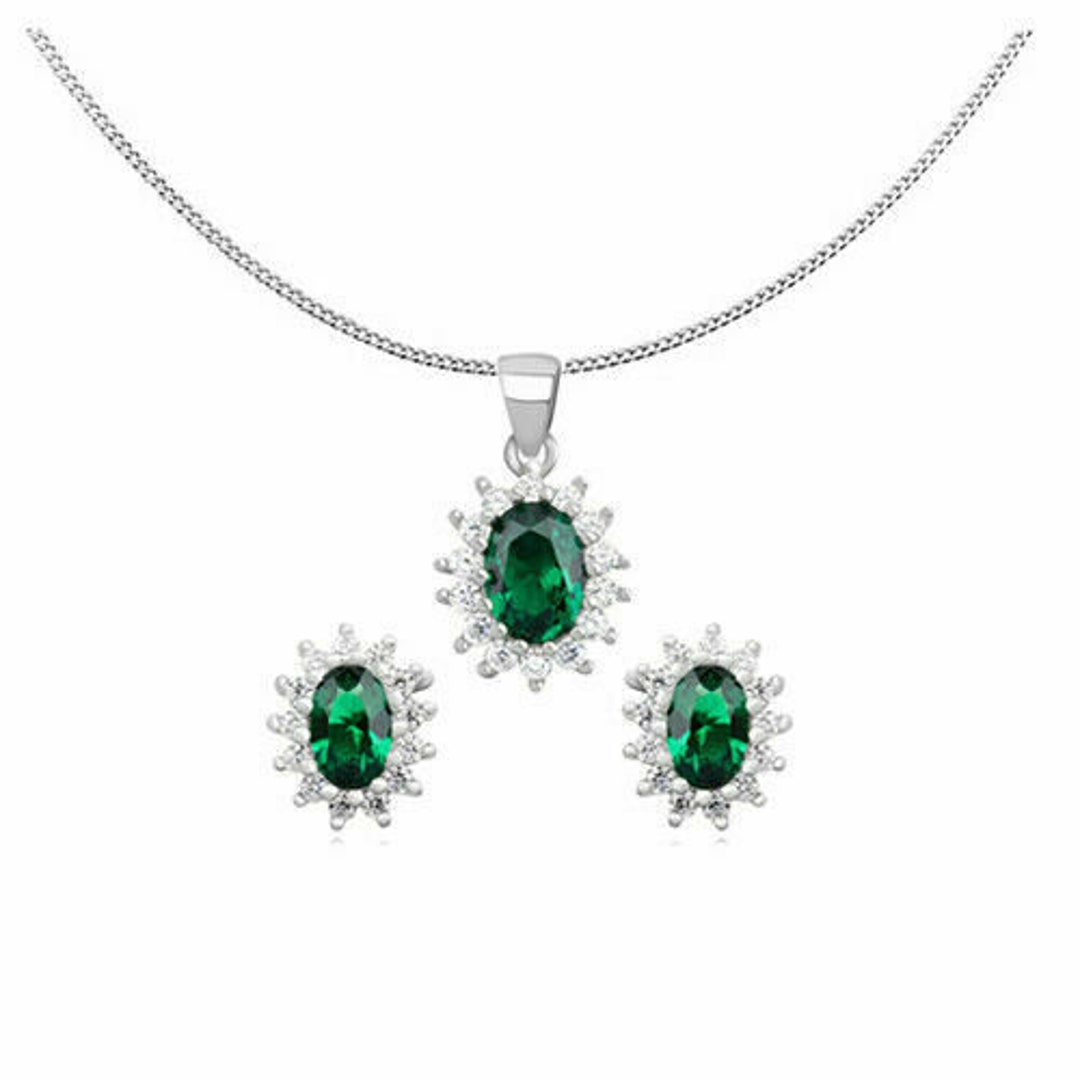 925 Sterling Silver Emerald Green Cluster Necklace & Earring Etsy