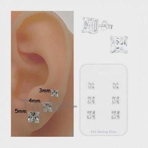 925 Sterling Silver Clear Square Princess Cut Stud Earrings Set of Three Fast Shipping