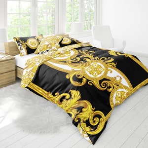 Baroque Black Yellow White Personalised Romantic design Bedding set • Reversible design • Cotton • microfiber • AU, EU, USA, queen, king
