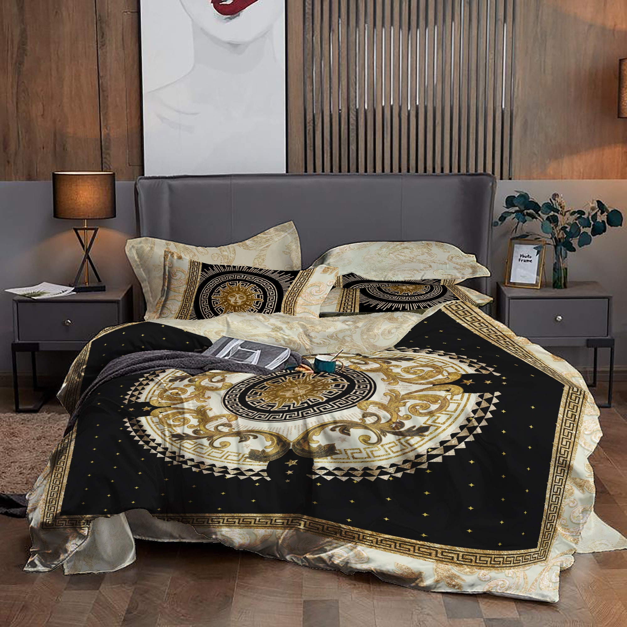 Chanel Luxury Golden Logo In Basic Black Background With Logo Frame Bedding  Set - Mugteeco