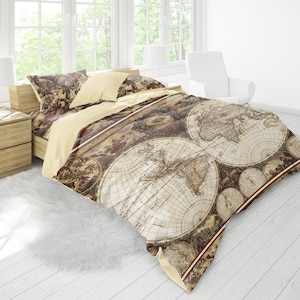Funda nórdica, juego de cama tamaño queen, ropa de cama tamaño king, regalo personalizado, diseño de mapa del Viejo Mundo vintage, logotipo personalizado, decoración del hogar