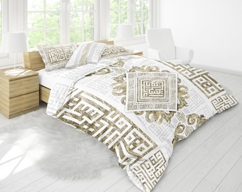 Parure de lit « Bali » minimalisme or blanc • Modèle réversible • Coton • Soie • grand lit, très grand lit
