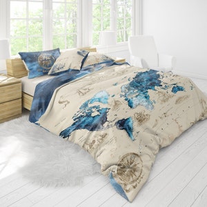 Vintage watercolour World map Bedding Set • Reversible design  •  100% Cotton • watercolour • duvet cover • king • queen • bedroom • gift