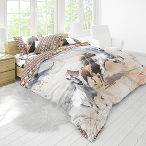 Watercolor Mustang wild horses design Duvet Quilt cover Bedding set with pillowcases • Reversible design • 100% Cotton • QUEEN, KING