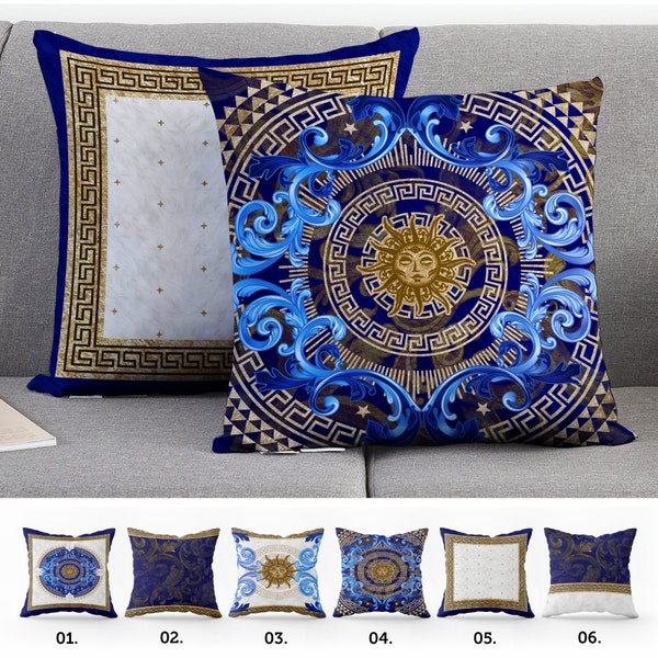 Taies d'oreiller exclusives au design baroque rétro bleu-or • Cadeau artistique • Décoration de salon • Housse de coussin • 16 x 16, 18 x 18, 20 x 20, 22 x 22, 31 x 31