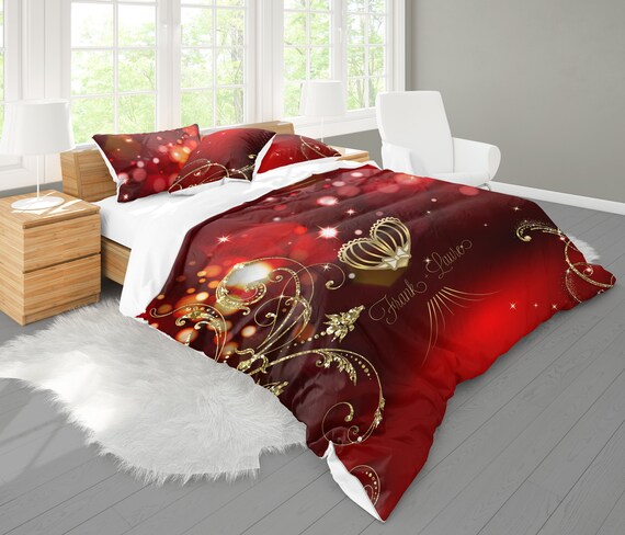Red gold Personalised Wedding Gift Duvet Quilt Cover Bedding Set