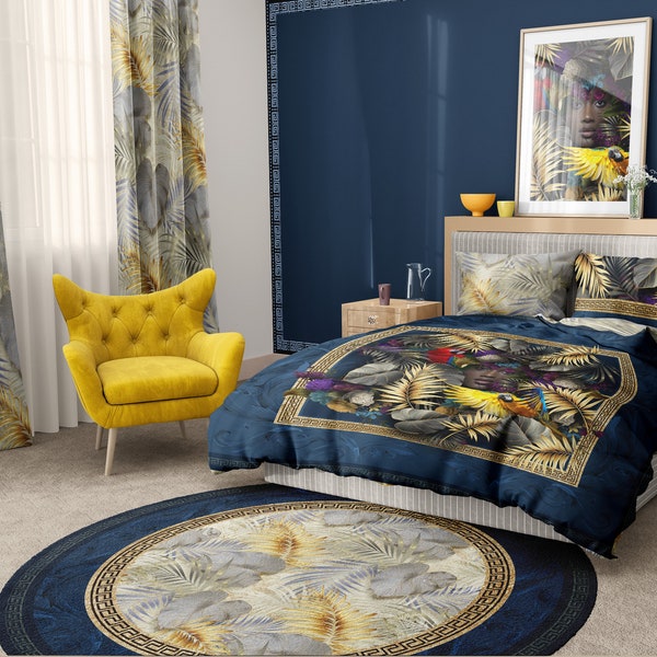 Baroque Summer Eccentric Personalised Blue-Gold exclusive Bedding set • Reversible design • Cotton • microfiber • silk