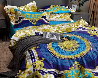 Customize Baroque Eccentric Personalised Blue-Gold pattern Bedding set • Reversible design • Cotton • silk • queen, king