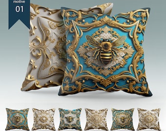 Exclusive 3D Baroque Gold&Blue-White design with bee Pillow Covers • Art Gift • Living Room Decor • design pillow cover • 16x16, 18x18