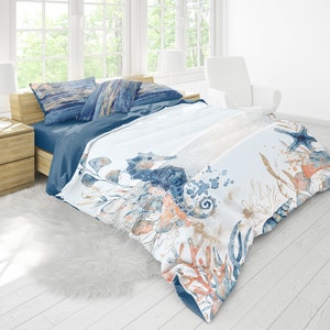 Duvet Cover Queen Bedding Set King Bed Linen Personalized Sea Coastal Home decor Seahorse design gift  Custom logo Home Decor