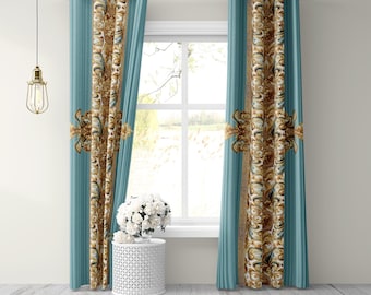 Luxury Blue and Gold Baroque Curtains 2 Panels Set Elegant Window Drapes Vintage Home Decor Curtains for living room Blackout Curtains