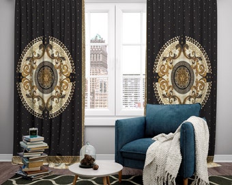 Luxury Black and Gold Baroque Curtains 2 Panels Set Elegant Window Drapes Vintage Home Decor Curtains for living room Blackout Curtains