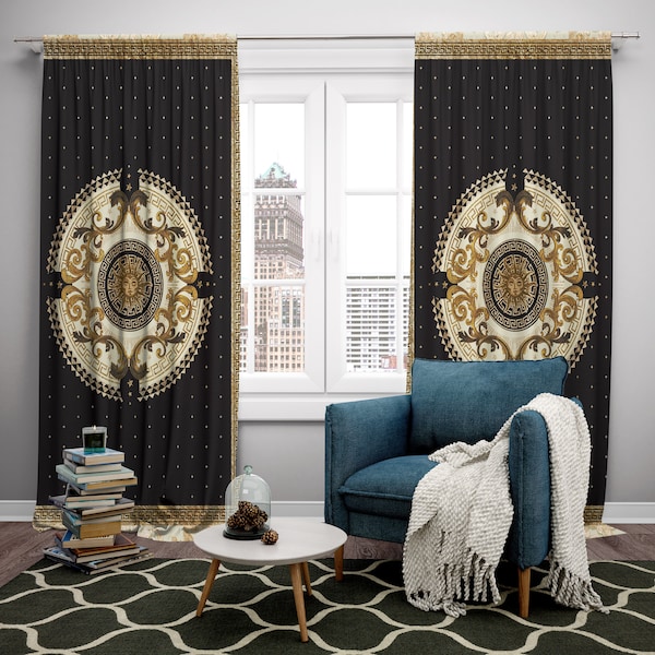 Rideaux 2 PCS SET noir or style baroque ou grec design romantique • votre LOGO • rideaux de chambre • occultants • décoration intérieure