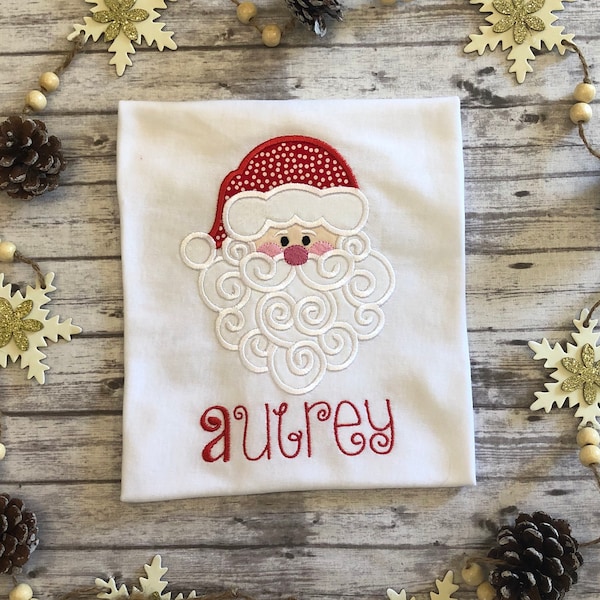 Swirly Santa Shirt, Santa Christmas Shirt, Childs Christmas Shirt, Kids Christmas Shirt, Embroidered Santa Shirt, Appliqued Santa Shirt