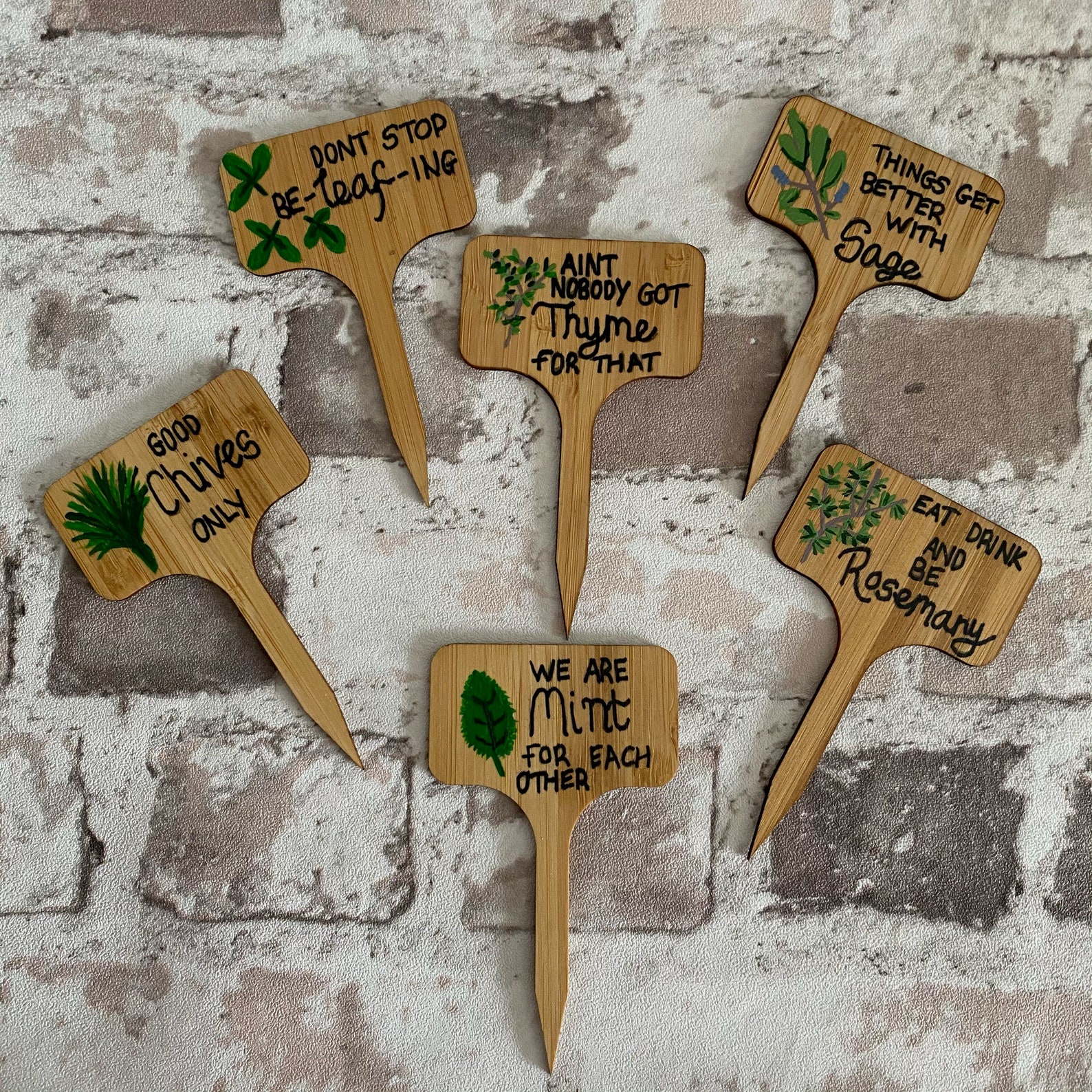 Set of six funny pun wooden herb tags chives sage mint Etsy.de
