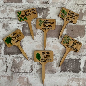 Set of six funny pun wooden herb tags - chives, sage, mint, rosemary, thyme, don’t stop beleafing