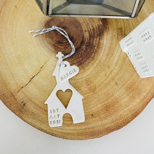 Church shaped clay hanging with personalised heart. Christening gift with date and name.