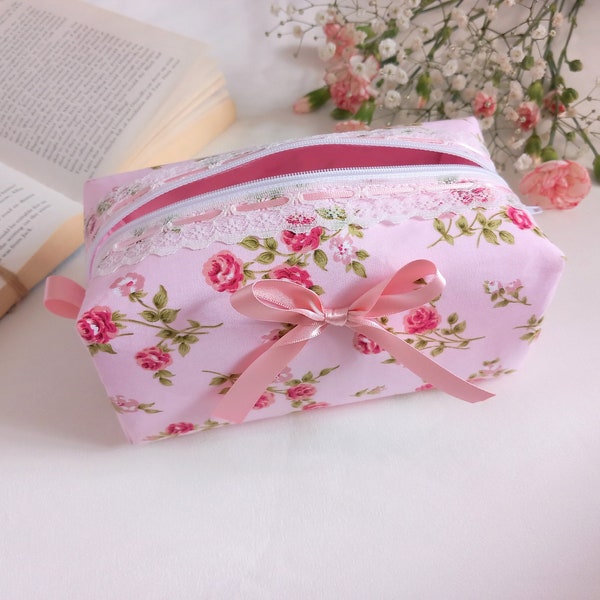 Pink floral rose makeup bag, handmade cosmetic bag, pink bag uk, cute makeup bag, gifts for her, coquette, toiletry bag, floral wash bag