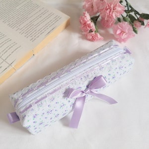 Lilac floral pencil case, lace trim, satin bow, pencil case, makeup bag, zip pouch, handmade uk, storage bag, coquette bag, cosmetic bag