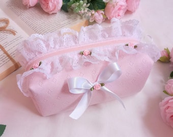Pink pointelle makeup bag, handmade cosmetic bag, pink bag, cute makeup bag, lace trim, coquette bag, toiletry case, rose embellished bag